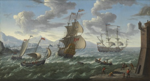 Navires dans une baie – École hollandaise de la fin du XVIIe siècle attribué à Abraham Storck (1644 – 1708) - Tableaux et dessins Style 