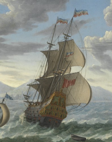 Tableaux et dessins Tableaux XVIIe siècle - Navires dans une baie – École hollandaise de la fin du XVIIe siècle attribué à Abraham Storck (1644 – 1708)
