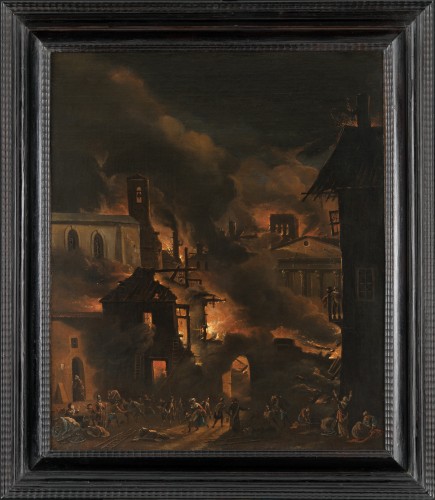 Ville en feu ou parabole de l’Incendie de Rome – École flamande du XVIIe siècle, attribuée àDaniel van Heil (1604 – 1662)
