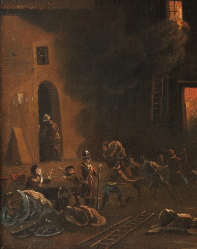 Ville en feu ou parabole de l’Incendie de Rome – École flamande du XVIIe siècle, attribuée àDaniel van Heil (1604 – 1662) - Tableaux et dessins Style 