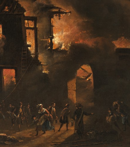 Tableaux et dessins Tableaux XVIIe siècle - Ville en feu ou parabole de l’Incendie de Rome – École flamande du XVIIe siècle, attribuée àDaniel van Heil (1604 – 1662)