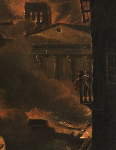 Ville en feu ou parabole de l’Incendie de Rome – École flamande du XVIIe siècle, attribuée àDaniel van Heil (1604 – 1662) - Galerie Thierry Matranga