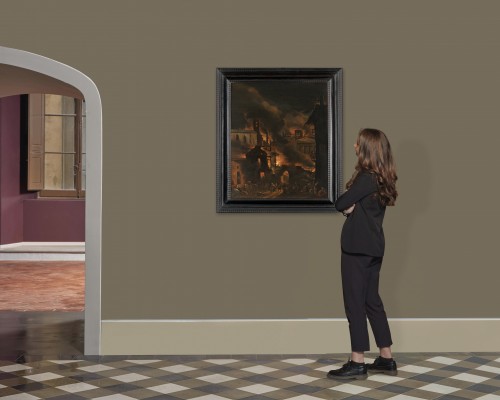 Ville en feu ou parabole de l’Incendie de Rome – École flamande du XVIIe siècle, attribuée àDaniel van Heil (1604 – 1662) - 