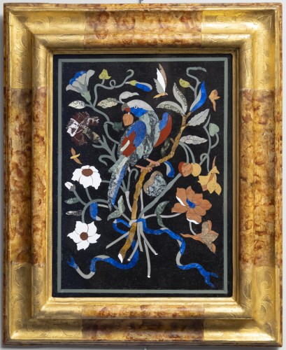 XXe siècle - Les perroquets – Paire de tableaux en marqueterie de pierres dures