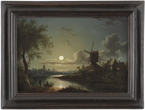 Paysage au clair de lune avec moulin, village et barque - Sebastian Pether (1793–1844)