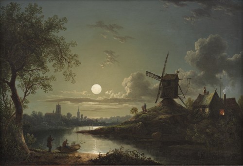 Paysage au clair de lune avec moulin, village et barque - Sebastian Pether (1793–1844) - Tableaux et dessins Style 