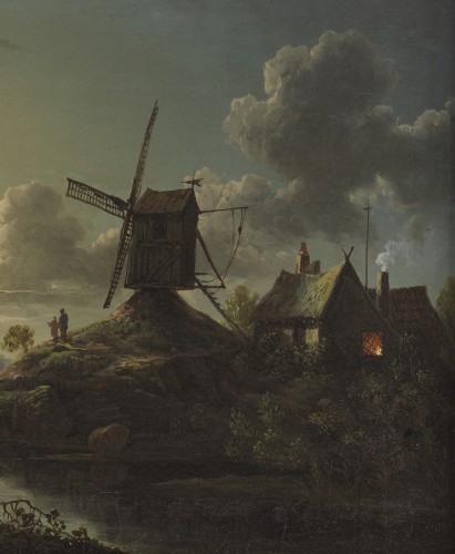 Tableaux et dessins Tableaux XIXe siècle - Paysage au clair de lune avec moulin, village et barque - Sebastian Pether (1793–1844)