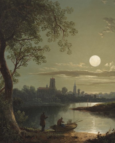 Paysage au clair de lune avec moulin, village et barque - Sebastian Pether (1793–1844) - Galerie Thierry Matranga