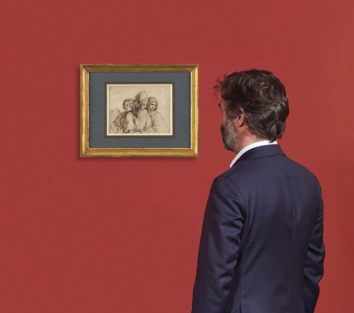 Tableaux et dessins Dessin, Aquarelle & Pastel - Ecclésiastique et deux prêtresses - Ecole italienne du XVIIIe siècle, suiveur du Guerchin