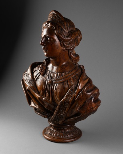 Sculpture Sculpture en Bois - Buste de femme à la tiar, époque Louis XIV