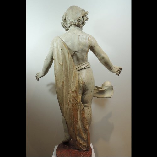 Grand Putto en bois sculpté polychromé - Italie XVIIe siècle - Galerie Thierry Matranga