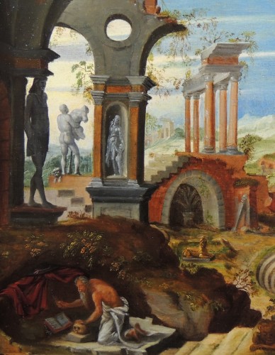St-Jérôme dans les ruines de Rome – Pays-Bas fin XVIe siècle - Tableaux et dessins Style Renaissance