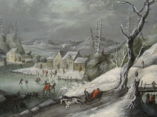 Tableaux et dessins Tableaux XVIIe siècle - Paysage idyllique enneigé – Ecole de Pieter Brueghel le jeune 17e siècle