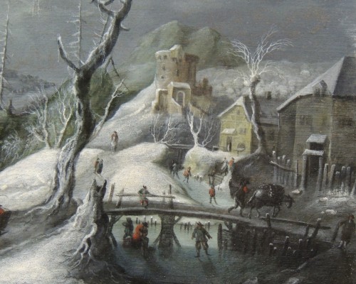 XVIIe siècle - Paysage idyllique enneigé – Ecole de Pieter Brueghel le jeune 17e siècle