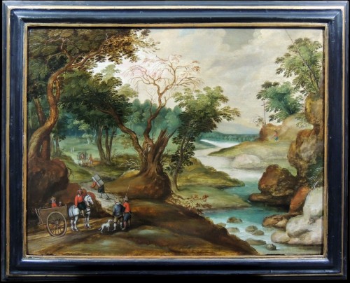 Paysage aux voyageurs – Ecole anversoise attribuée à Izaak van Oosten (1613 – 1661) - Tableaux et dessins Style 