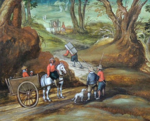 Tableaux et dessins Tableaux XVIIe siècle - Paysage aux voyageurs – Ecole anversoise attribuée à Izaak van Oosten (1613 – 1661)