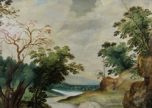 XVIIe siècle - Paysage aux voyageurs – Ecole anversoise attribuée à Izaak van Oosten (1613 – 1661)