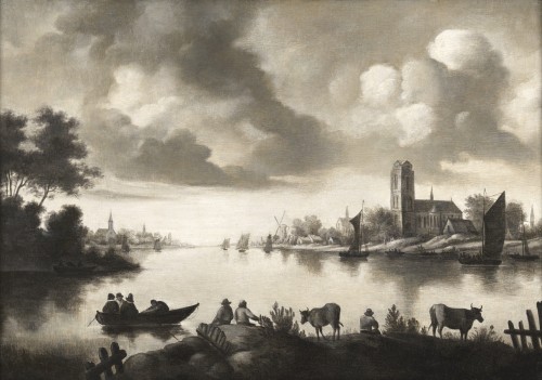 Vue d’un estuaire en grisaille. - Ecole néerlandaise du XVIIe siècle
