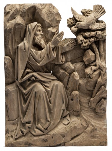 Elie nourri par les corbeaux – Bas-relief en tilleul sculpté, école du Nord du 18e siècle