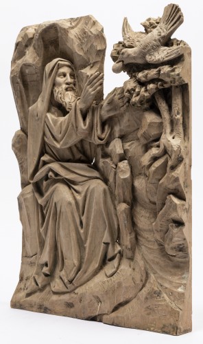Elie nourri par les corbeaux – Bas-relief en tilleul sculpté, école du Nord du 18e siècle - Sculpture Style 