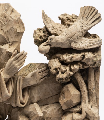 Elie nourri par les corbeaux – Bas-relief en tilleul sculpté, école du Nord du 18e siècle - Galerie Thierry Matranga