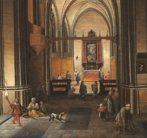 Tableaux et dessins Tableaux XVIIe siècle - Intérieur d’église nocturne animé – Gerrit de Bucq (1576 – 1638)
