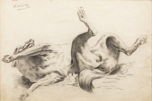 Dog rolling on its back - circle of Alexandre-François Desportes