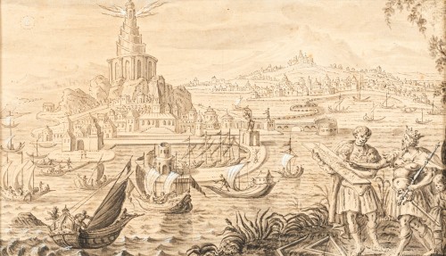 The construction of the Lighthouse of Alexandria - Follower of Marteen van Heemskerck circa 1600