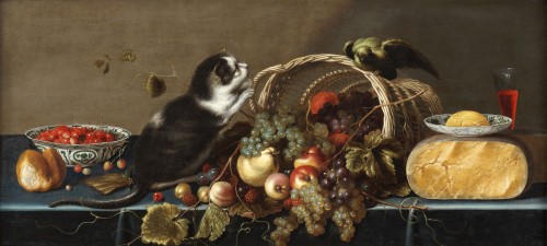 Nature morte au chaton et au perroquet – Maître des chatons, milieu du XVIIe siècle - Tableaux et dessins Style 