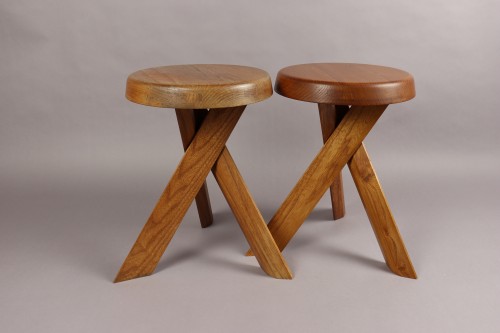 Antiquités - Pierre Chapo (1927-1987) - Paire de tabourets modèle S.31 p