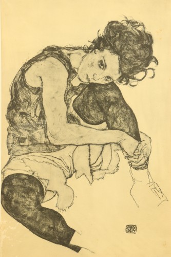 Femme assise à la jambe repliée par Egon Schiele - Gravures et livres anciens Style Art nouveau