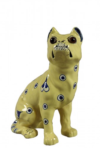 Earthenware Dog called &quot;chien aux cœurs bleus &quot;  - Emile Gallé