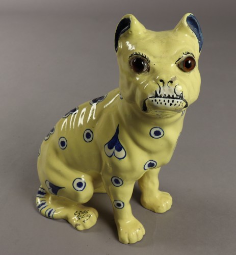 19th century - Earthenware Dog called &quot;chien aux cœurs bleus &quot;  - Emile Gallé