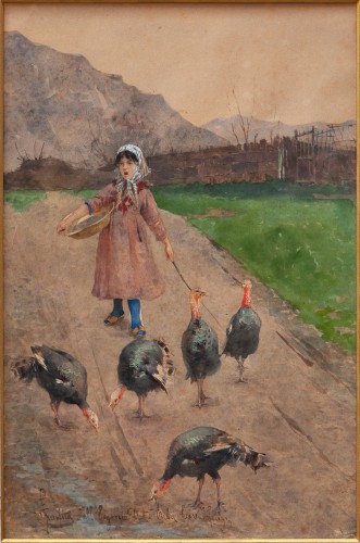 Eugenio Spreafico (1856 - 1919) Petite fille avec des dindes - Tableaux et dessins Style 