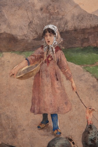 Tableaux et dessins Dessin, Aquarelle & Pastel - Eugenio Spreafico (1856 - 1919) Petite fille avec des dindes