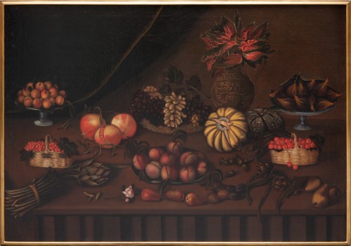 Still life with fruits, vegetables and vase with flowers on a stone shelf