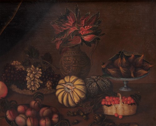 Still life with fruits, vegetables and vase with flowers on a stone shelf - 