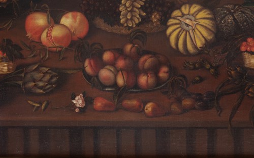  - Still life with fruits, vegetables and vase with flowers on a stone shelf