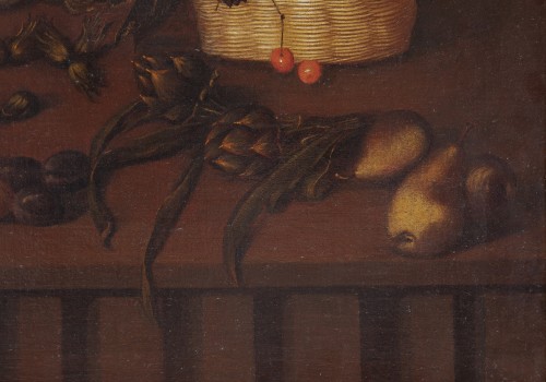 Antiquités - Still life with fruits, vegetables and vase with flowers on a stone shelf