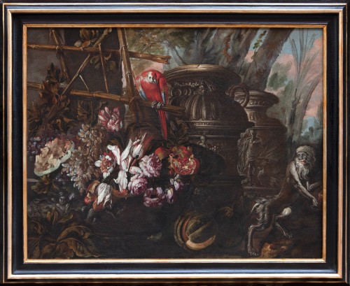 Still life with flowers, fruits, decorated vases, a parrot and a monkey