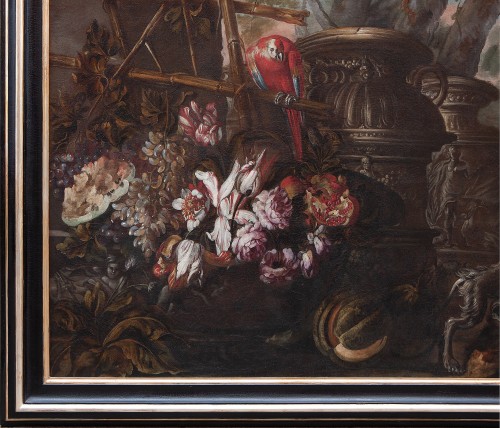 Tableaux et dessins Tableaux XVIIe siècle - Nature morte aux fleurs, fruits, vases, perroquet