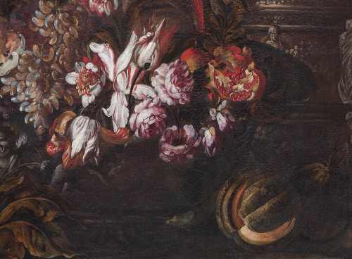 Nature morte aux fleurs, fruits, vases, perroquet - Callea Antichità