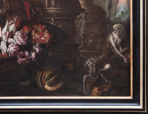 XVIIe siècle - Nature morte aux fleurs, fruits, vases, perroquet