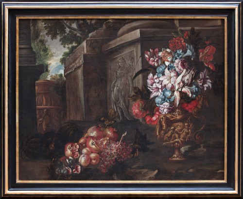 Still life with vase of flowers, fruits and architectural ruins