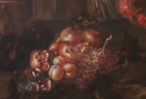 Still life with vase of flowers, fruits and architectural ruins - 