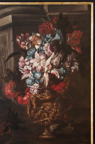 XVIIe siècle - Nature morte avec pot de fleurs, fruits et ruines architecturales