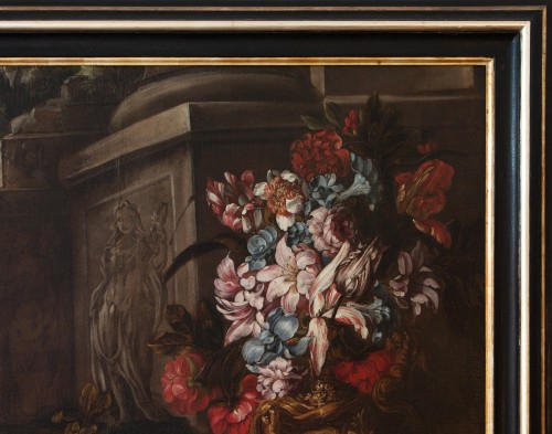 Antiquités - Still life with vase of flowers, fruits and architectural ruins