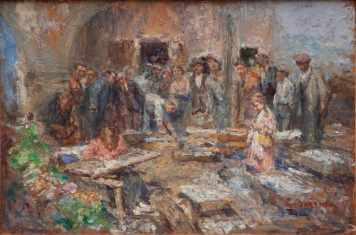 Leonardo Bazzaro (1853 - 1937)  - Mercato dell&#039;Orecchi, Chioggia 1936 - Paintings & Drawings Style 