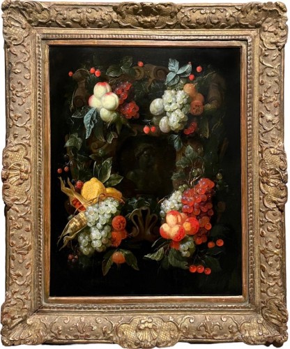 Joris Van Son (1623 - 1667) - Guirlande de fruits avec une sculpture classique, 1659 - Tableaux et dessins Style 