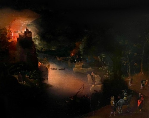 Scene of fire and war at night, attributed to Gillis Mostaert (1528-1598)